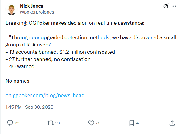 Tweet by @pokerprojones about GGPoker